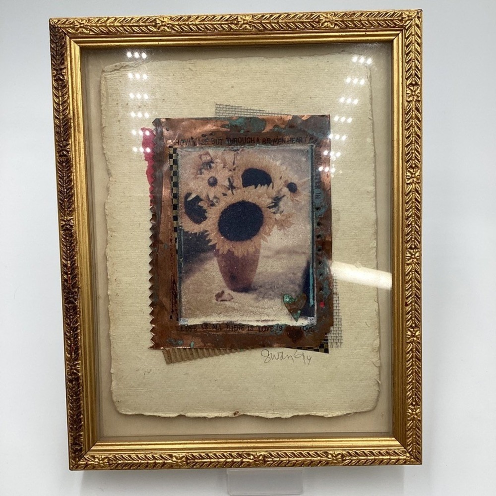 Framed Sunflower Art Mixed Media Wall Decor Golden‎ Floral Vase Quote